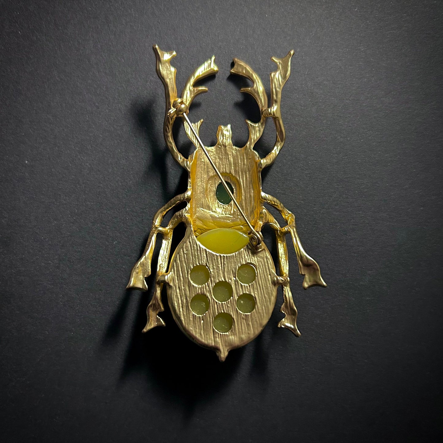 Gold Big Beetle Olive Resin Brooch