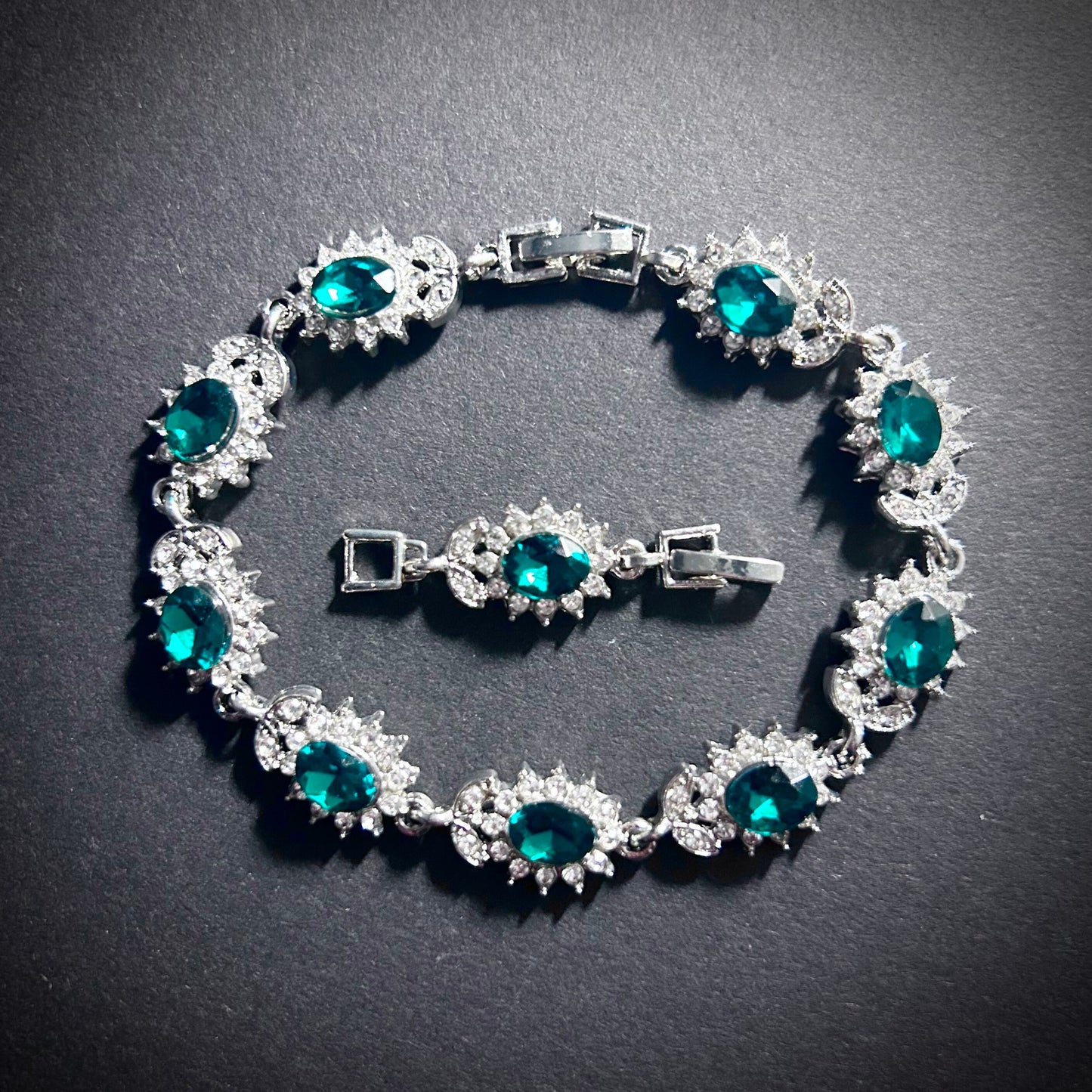 Emerald & Silver Flower Rhinestone Tennis Bracelet