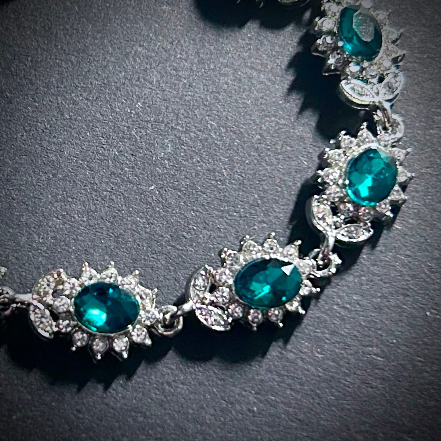 Emerald & Silver Flower Rhinestone Tennis Bracelet