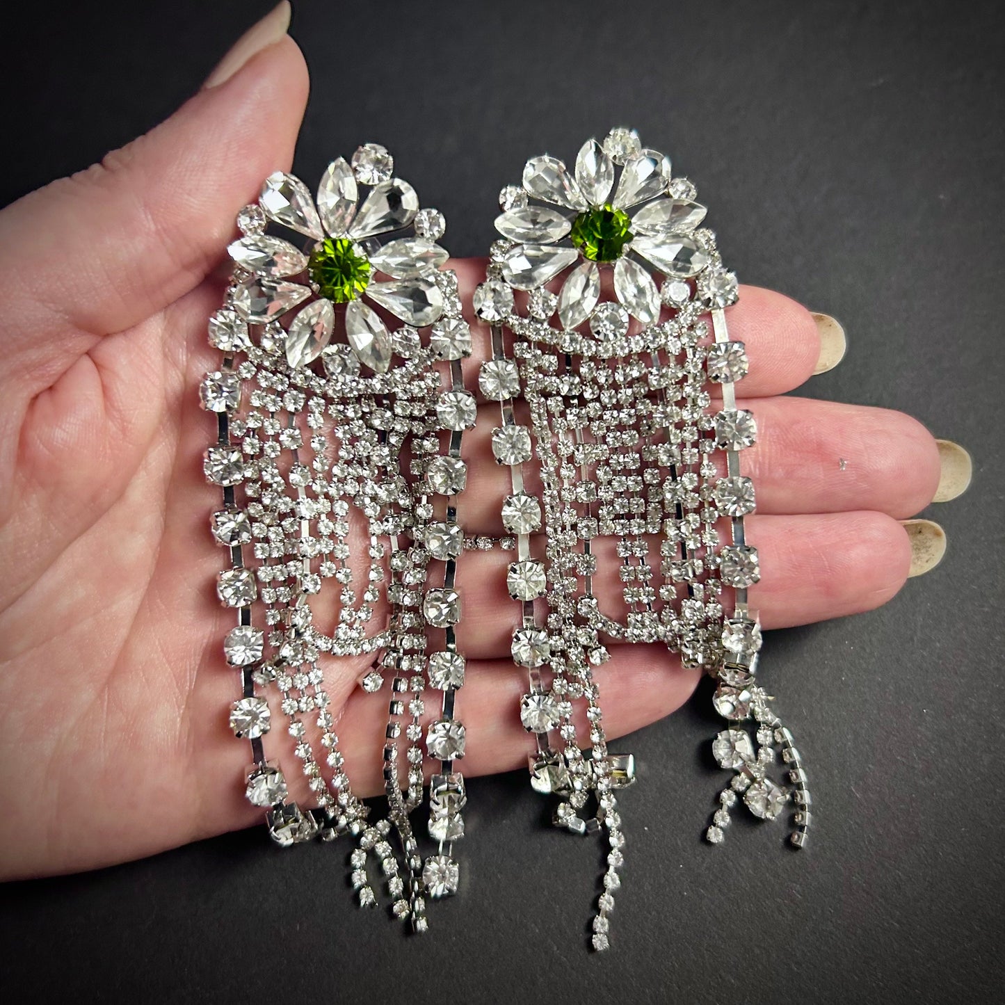 Oversized Clear & Olive Rhinestone Long Tassel Statement Earrings