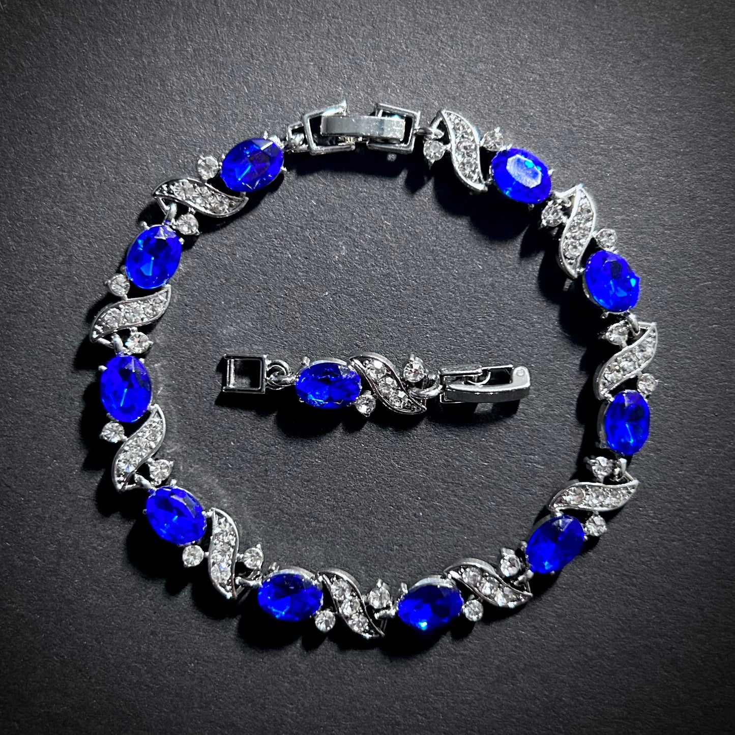 Sapphire & Silver Vine Rhinestone Dainty Tennis Bracelet