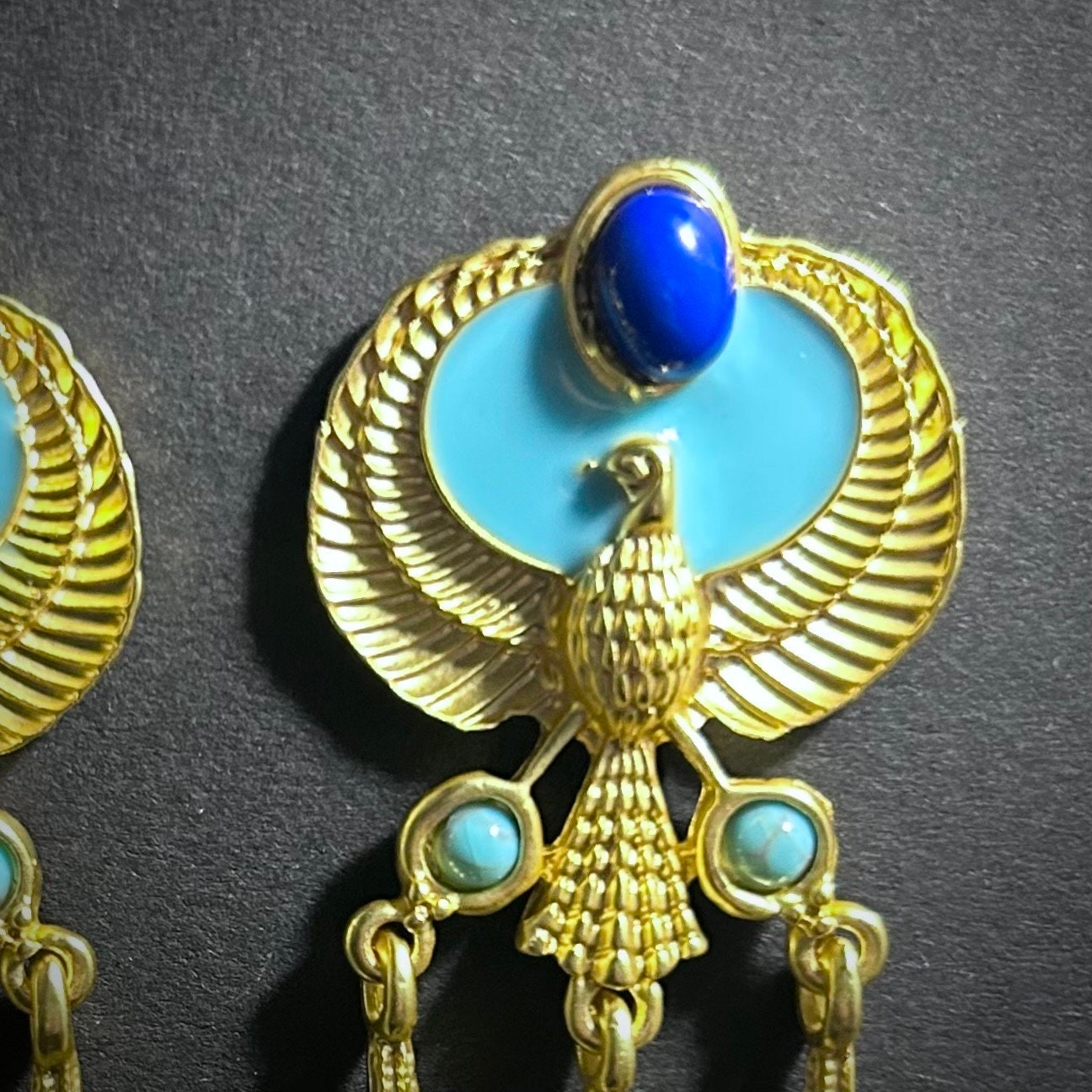 Eagle & Turquoise Enamel Gold Chandlier Earrings