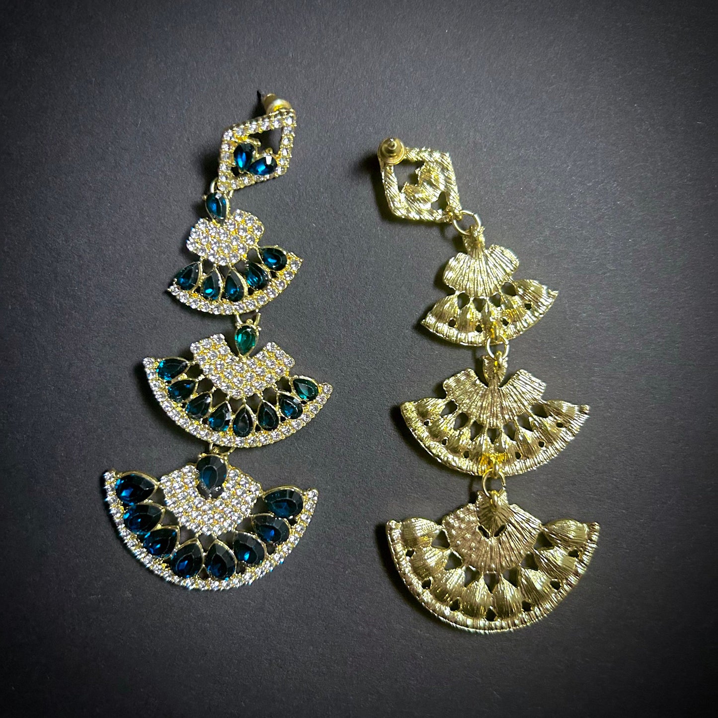 Emerald & Gold Multi-Level Fan Earrings