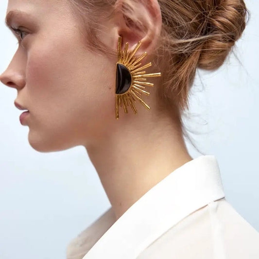 Black & Gold Sun Ray Fan Earrings