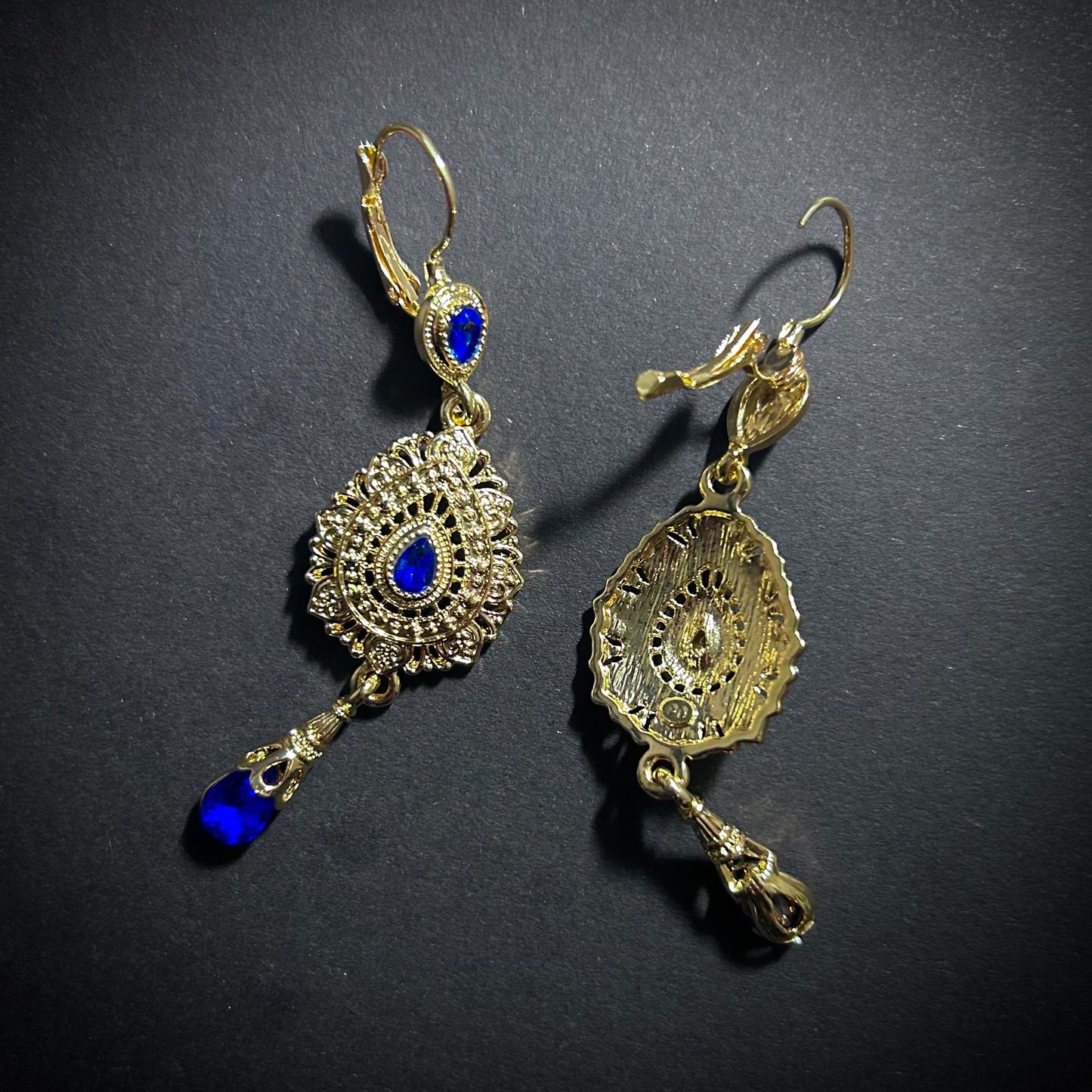 Gold & Sapphire Long Ornate Statement Earrings