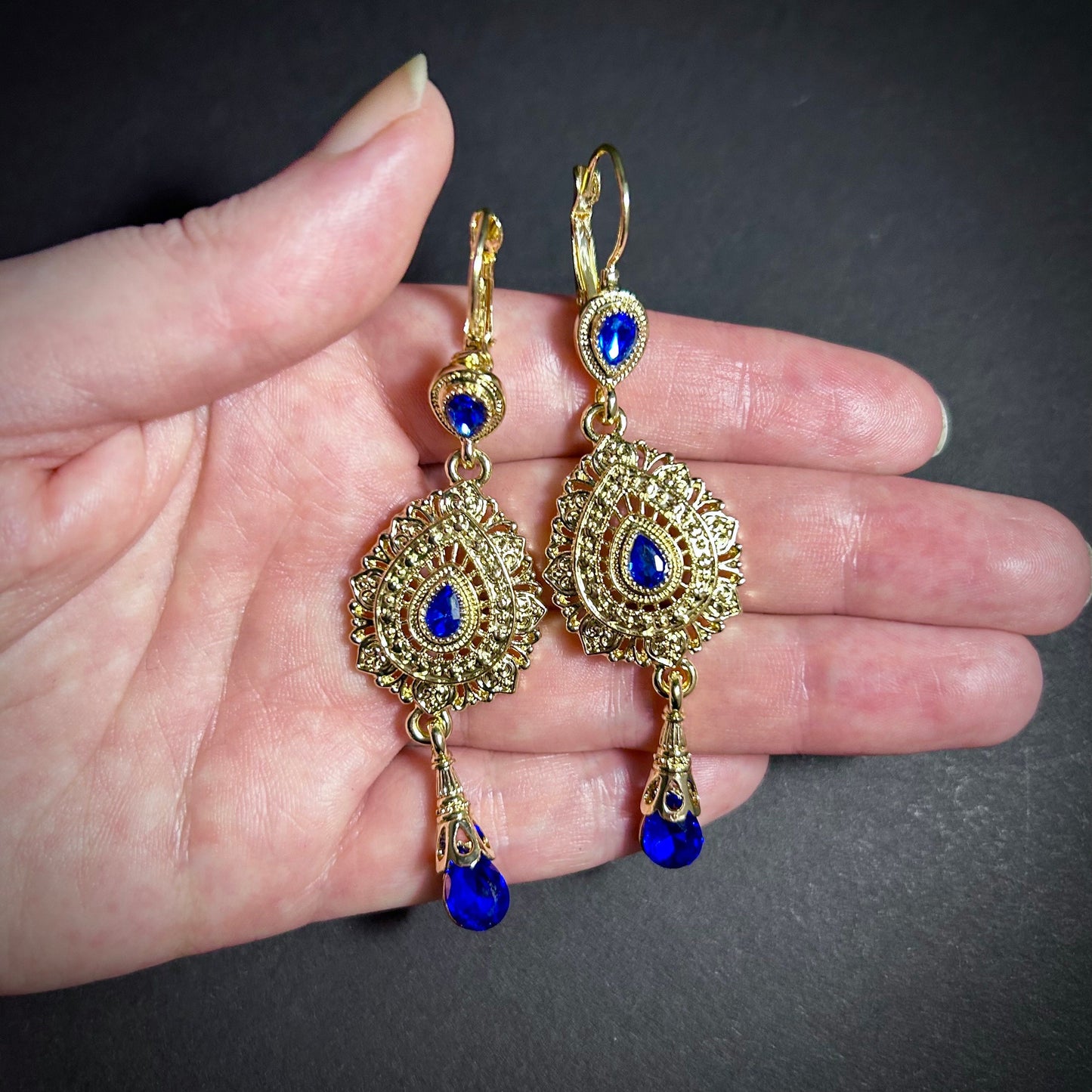 Gold & Sapphire Long Ornate Statement Earrings