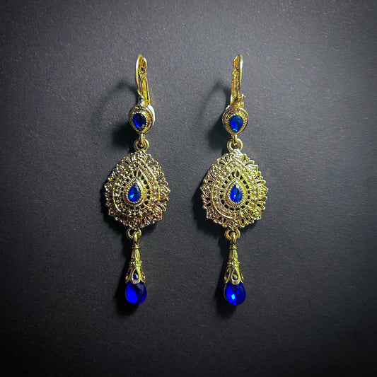 Gold & Sapphire Long Ornate Statement Earrings