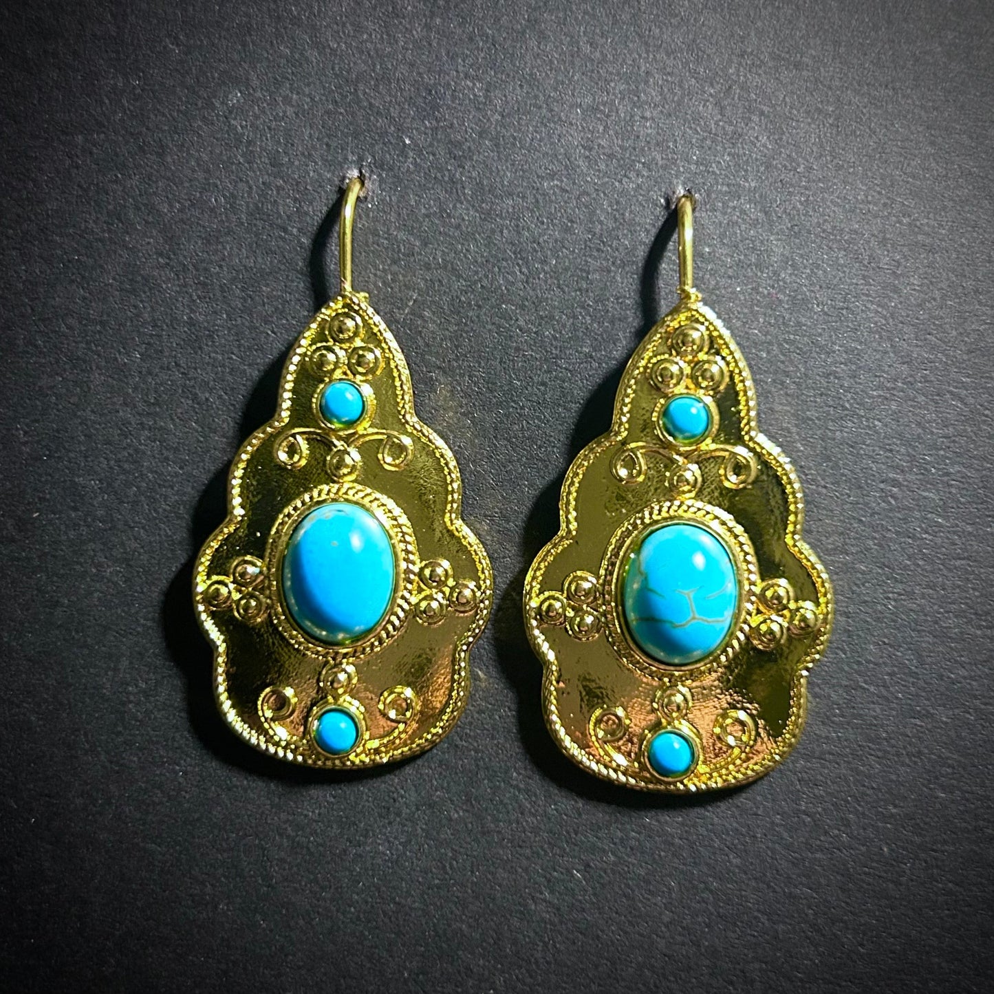 Ornate Gold & Turquoise Stone Hook Earrings