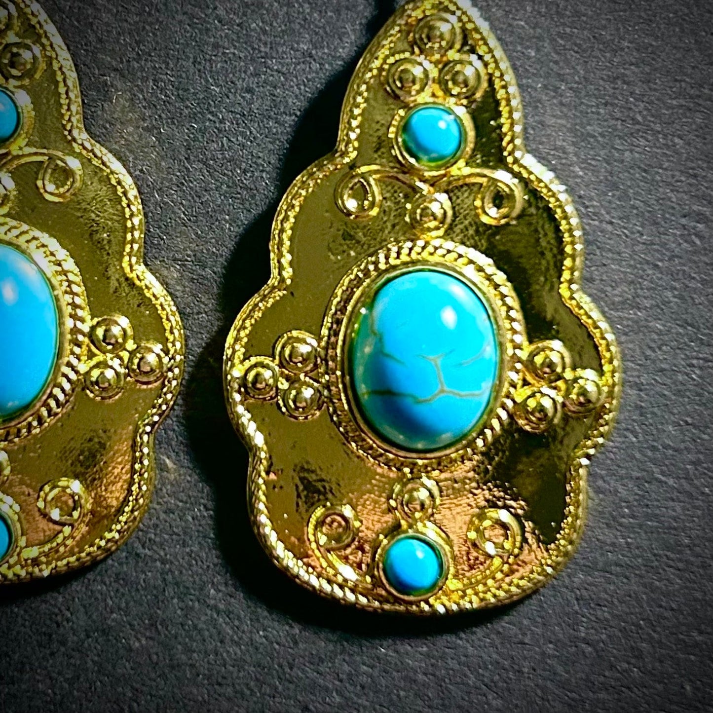 Ornate Gold & Turquoise Stone Hook Earrings