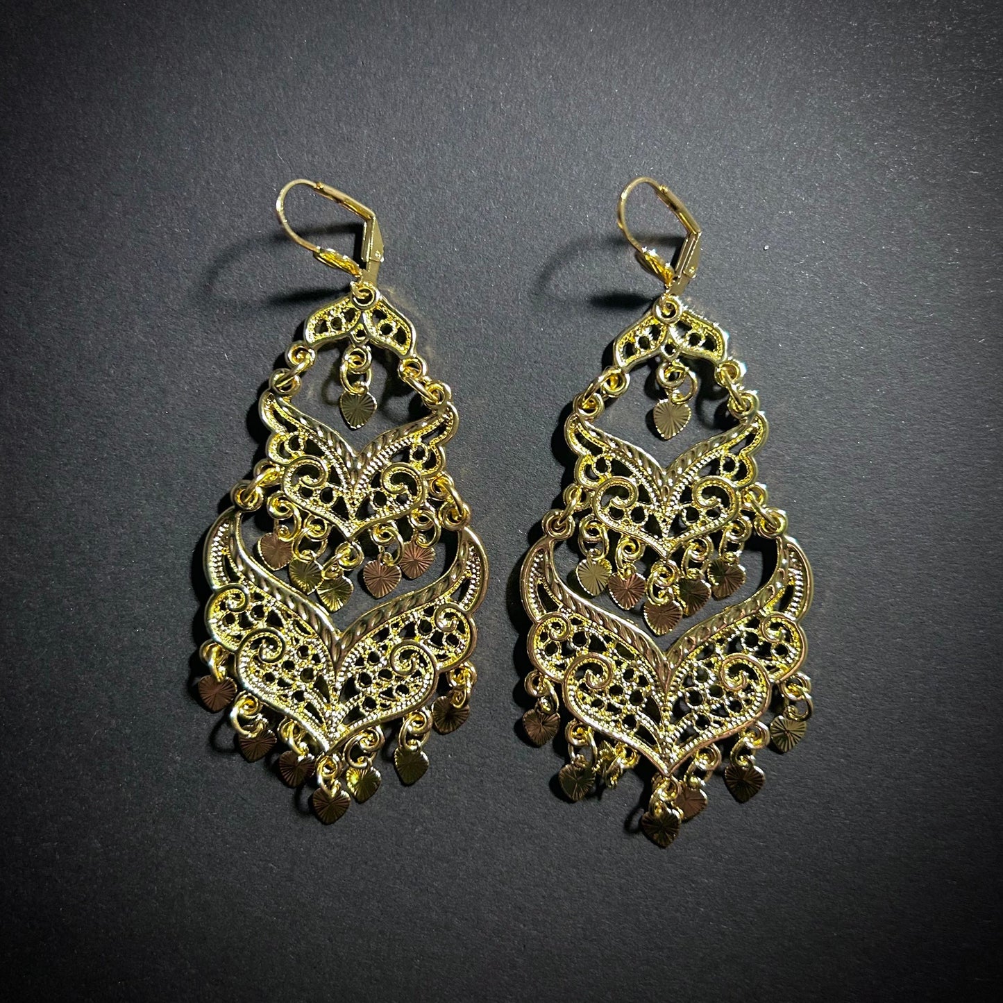 Gold Chandelier Gypsy Earrings with Heart Coins