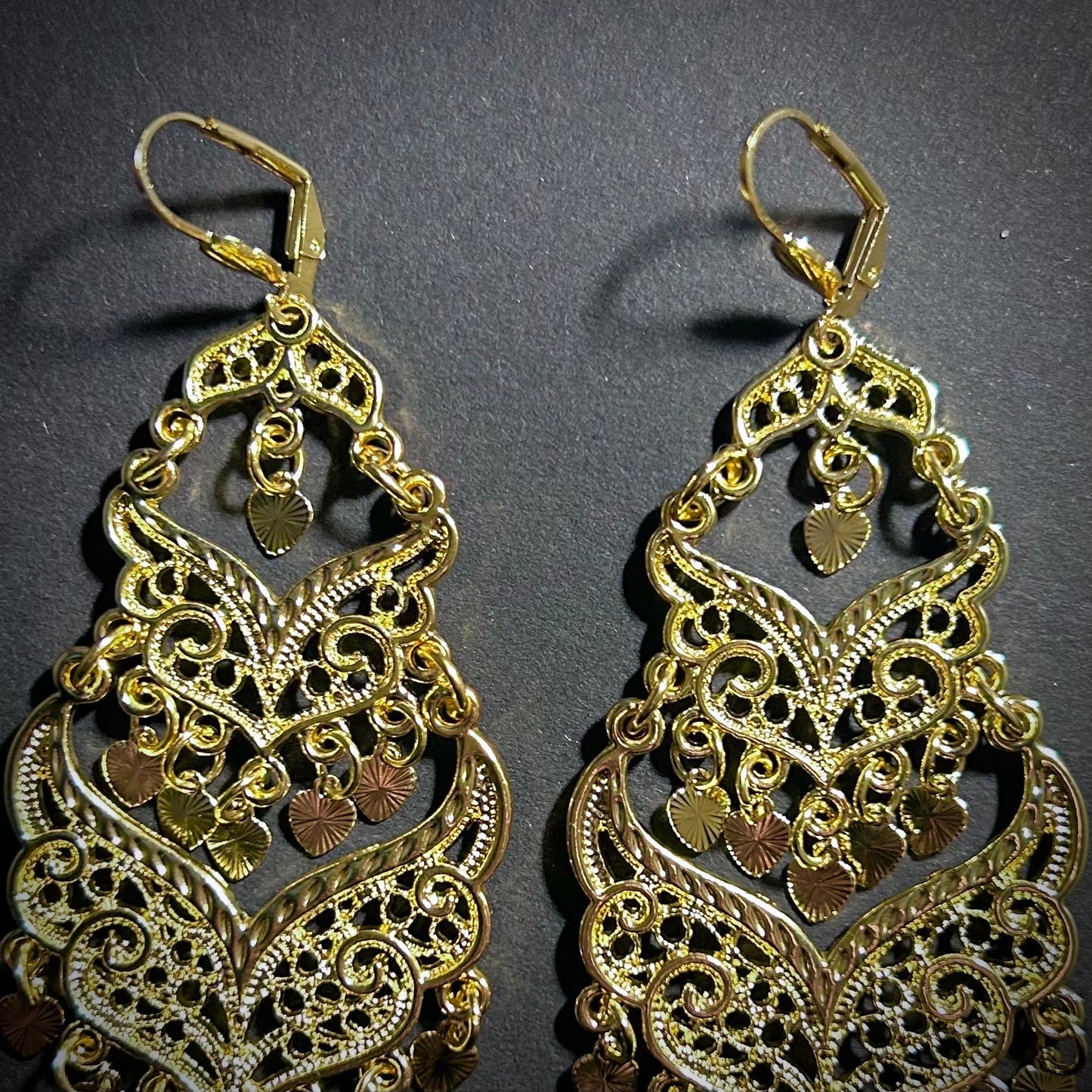 Gold Chandelier Gypsy Earrings with Heart Coins