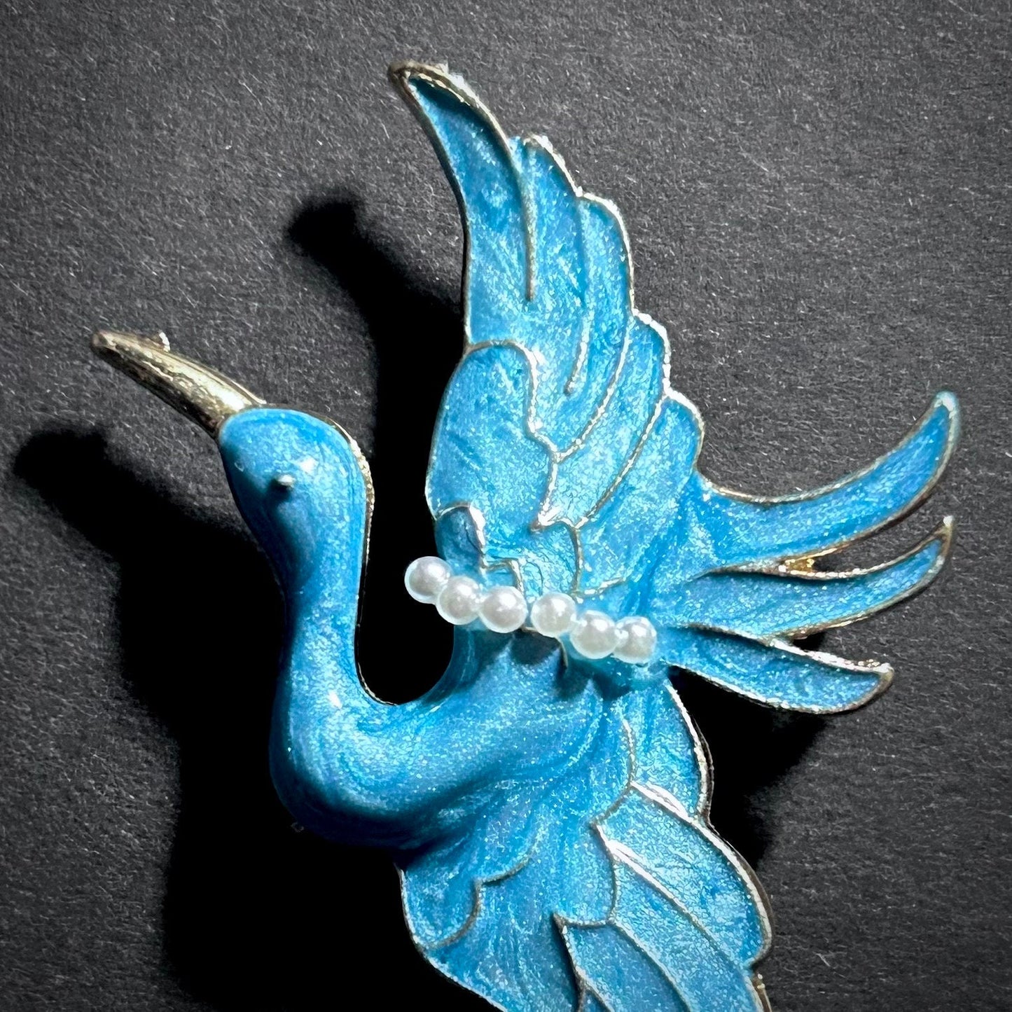 Flying Crane Turquoise Enamel & White Pearl Brooch