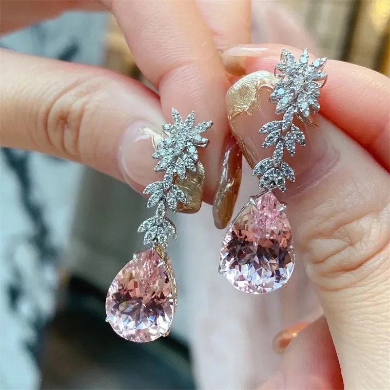 Morganite Pink Teardrop & Clear Leaves Earrings