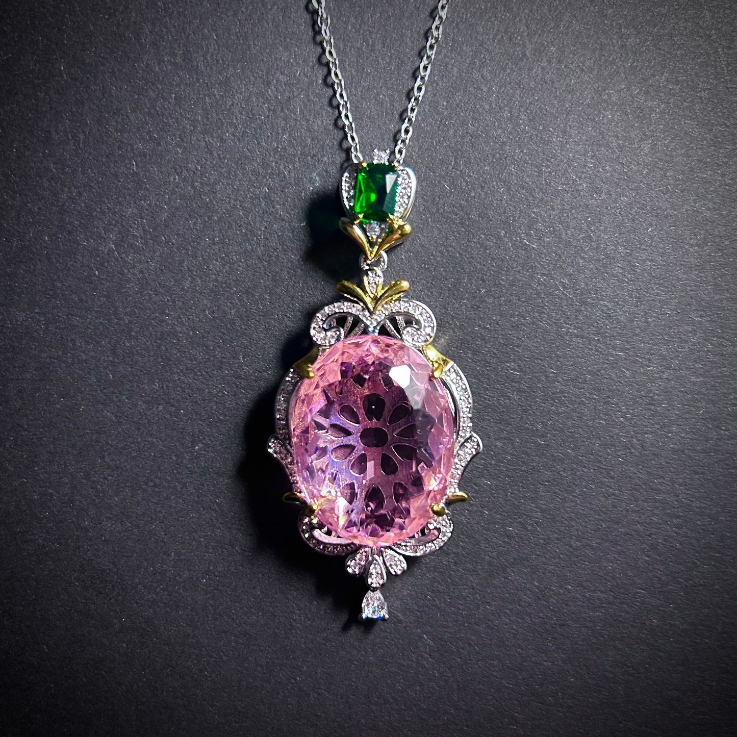 Large Morganite Pink Oval Zircon in Ornate Pendant Setting