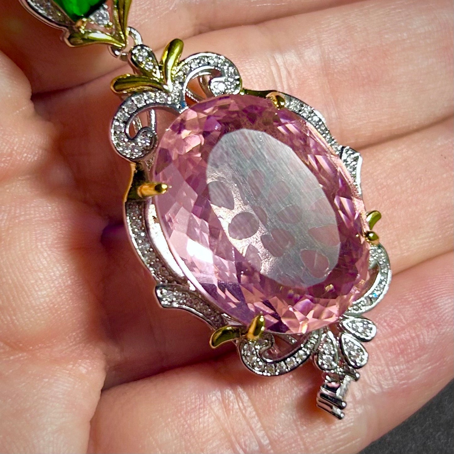 Large Morganite Pink Oval Zircon in Ornate Pendant Setting