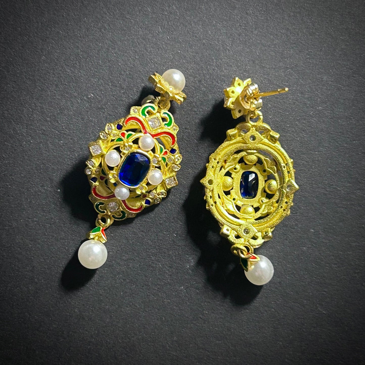 Intricate Enamel, Sapphire & White Pearl Earrings