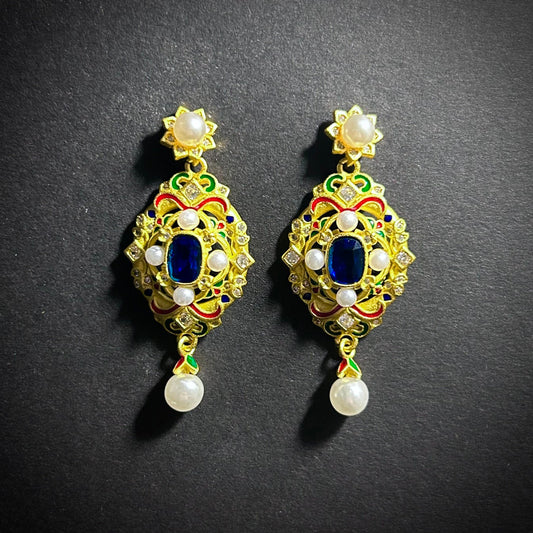 Intricate Enamel, Sapphire & White Pearl Earrings