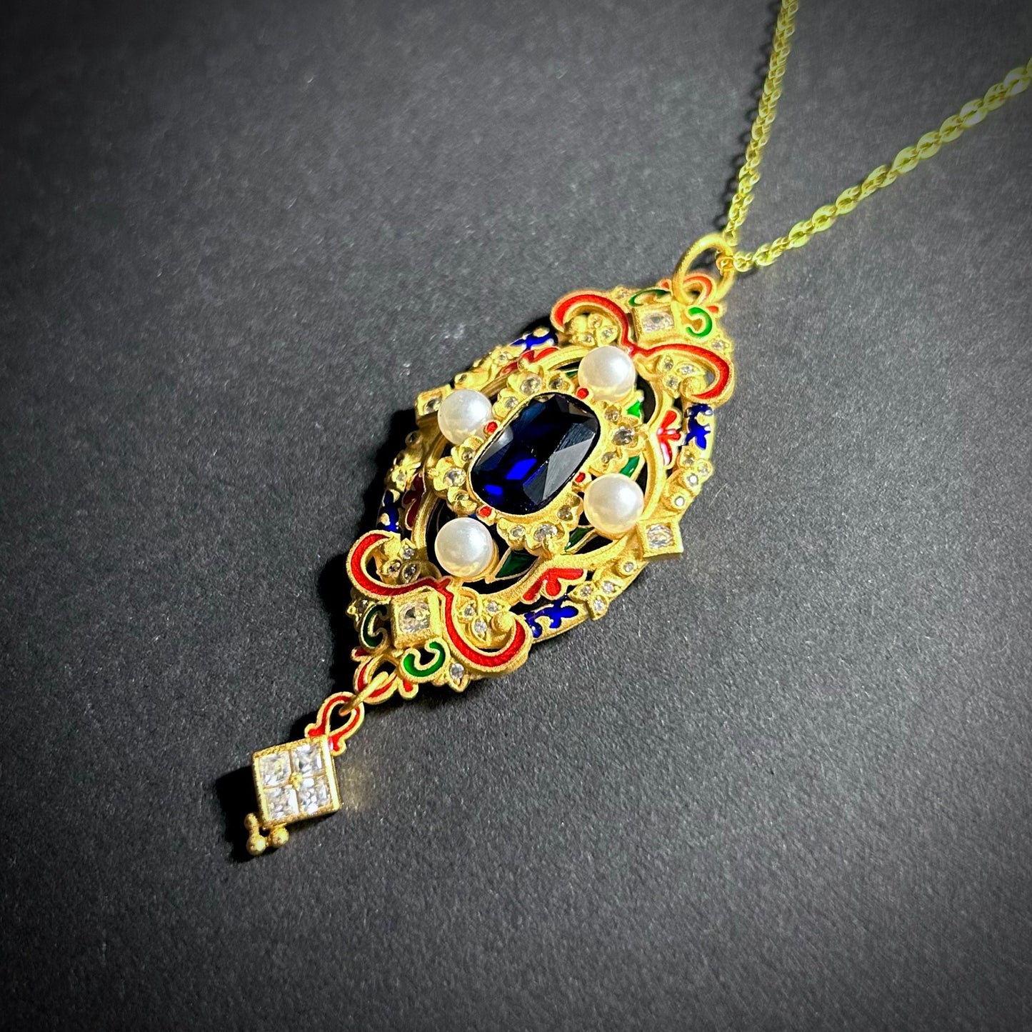 Art Nouveau Intricate Cloisonné Enamel, Sapphire & White Pearl Necklace