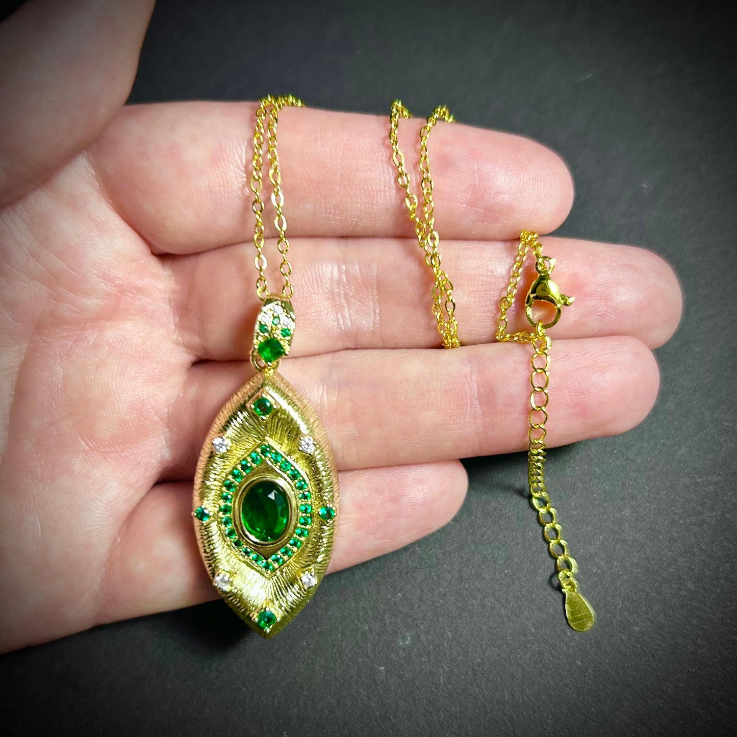 Etched Gold & Emerald Rhinestone Necklace