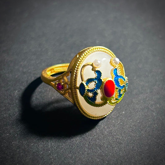 Art Nouveau Jade & Cloisonné Enamel Gold Resizable Ring