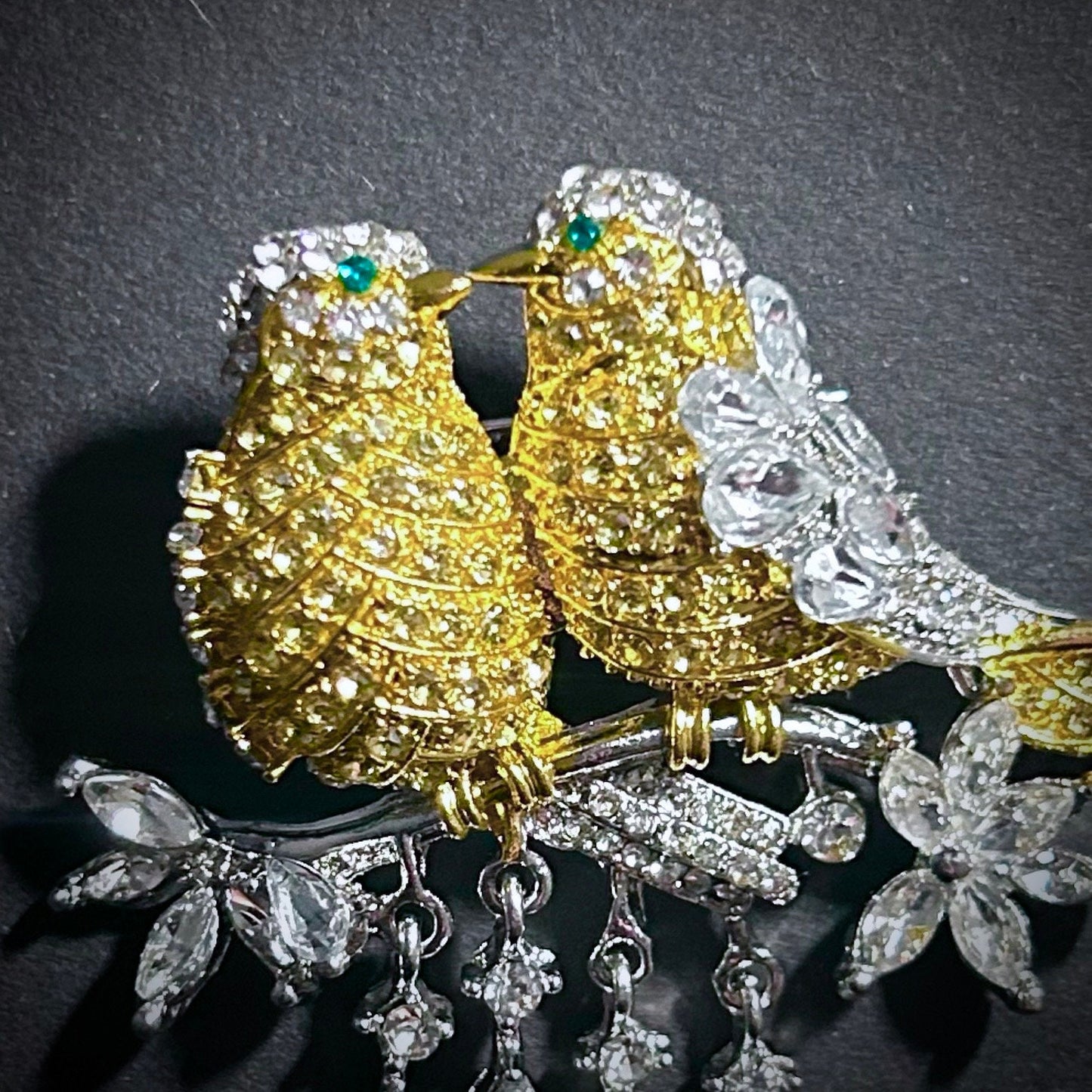 Lovebirds on Branch Sparkling Zircon Mixed Metal Brooch