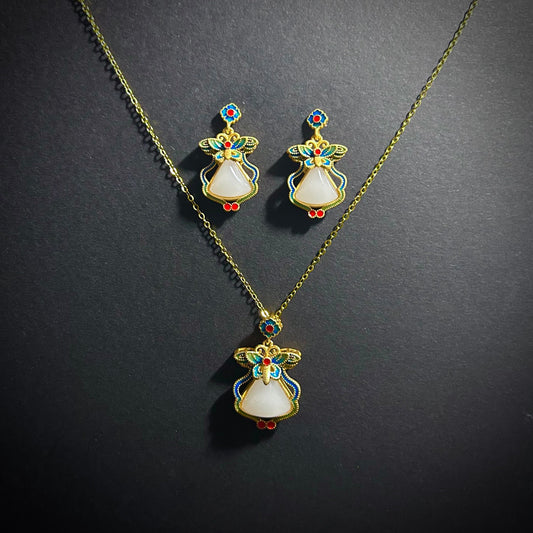 Art Nouveau Jade & Cloisonné Enamel Butterfly Jewelry Set