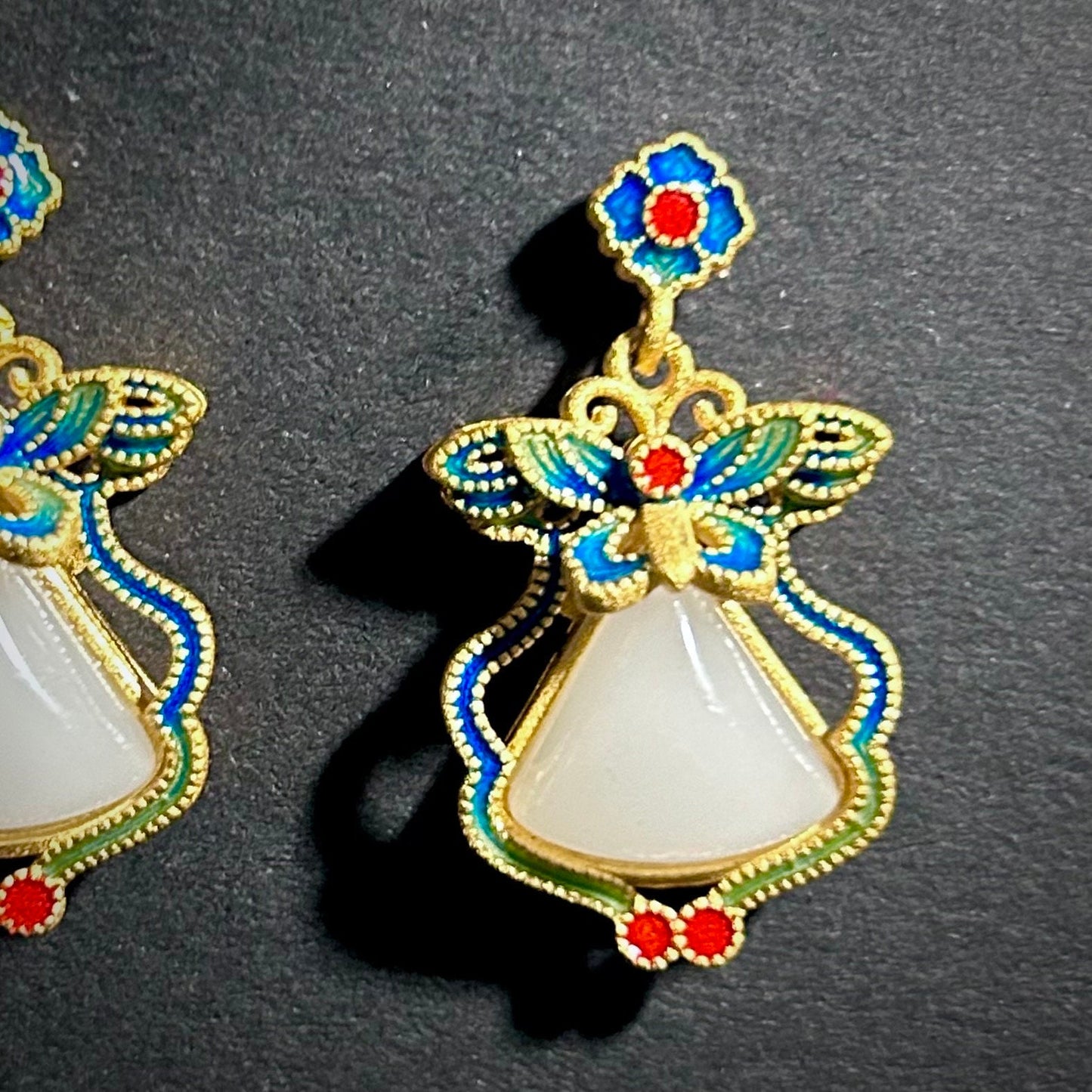 Jade & Cloisonné Enamel Butterfly Earrings