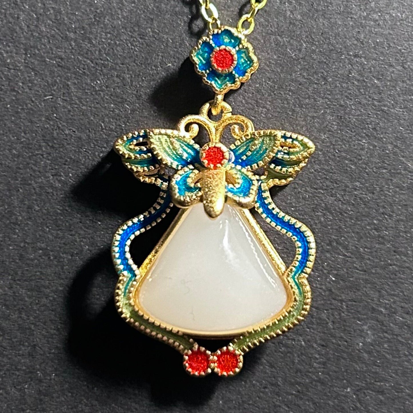 Art Nouveau Jade & Cloisonné Enamel Butterfly Necklace