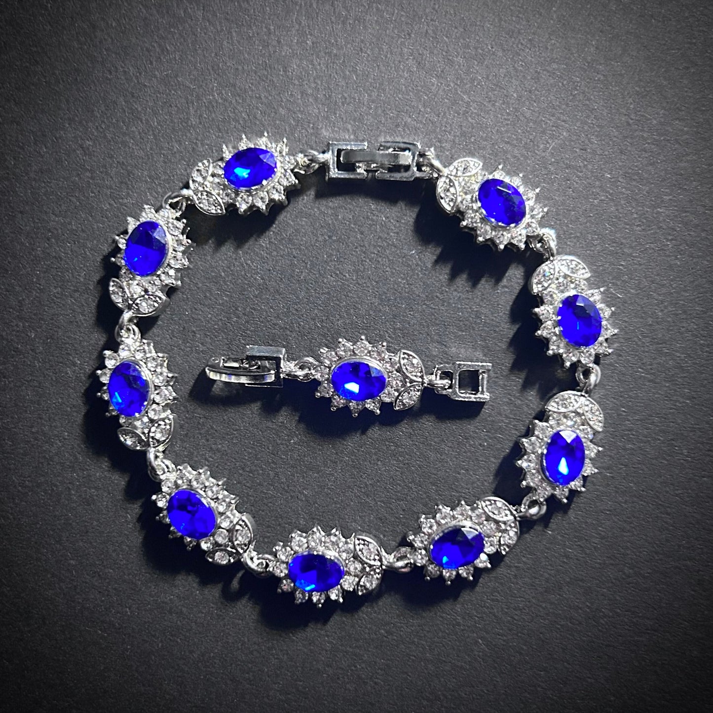 Sapphire & Silver Flower Rhinestone Tennis Bracelet