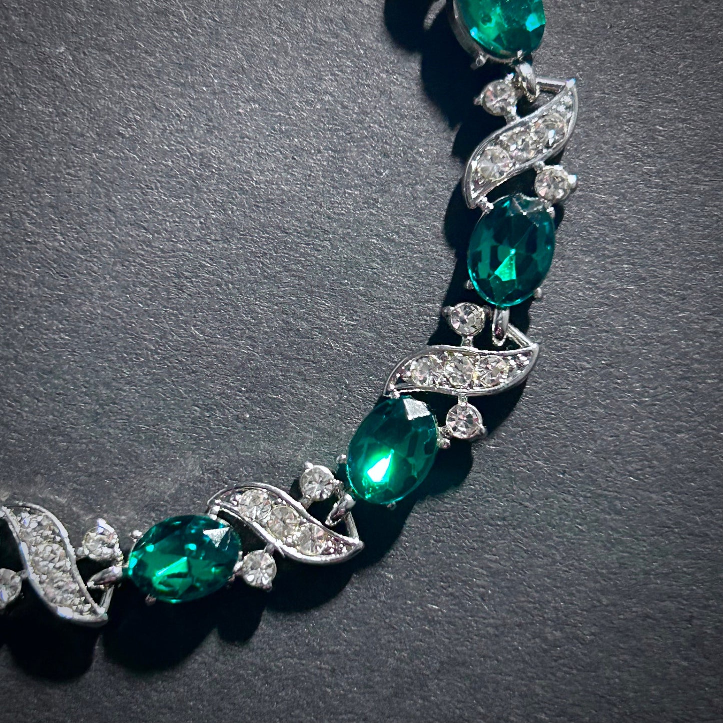 Emerald & Silver Vine Rhinestone Dainty Tennis Bracelet