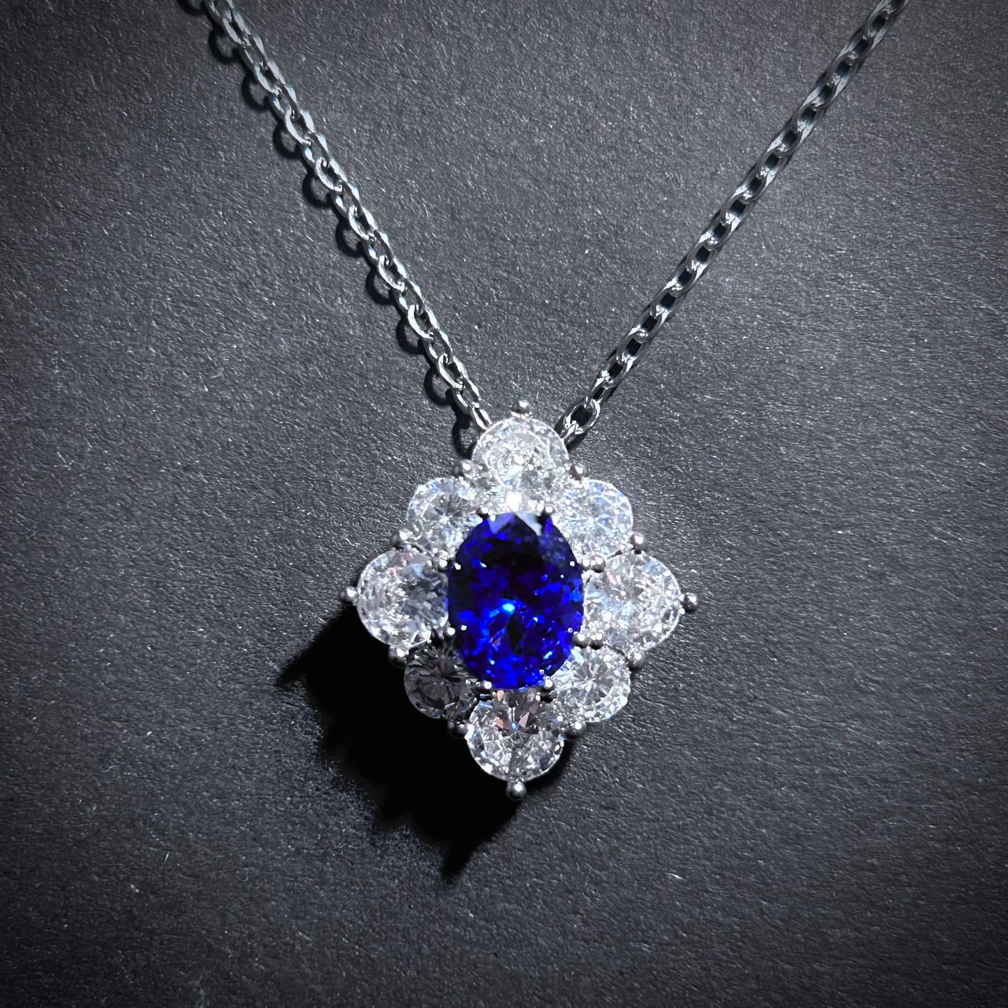 Sapphire & Clear Diamond Shaped Pendant Dainty Necklace