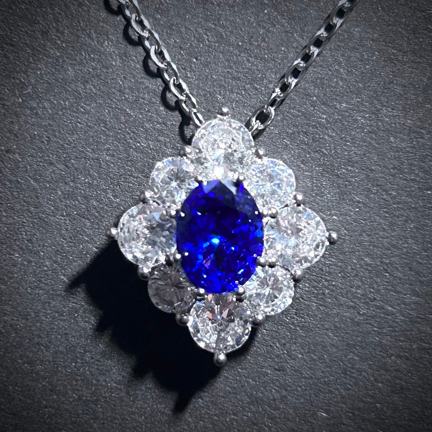 Sapphire & Clear Diamond Shaped Pendant Dainty Necklace