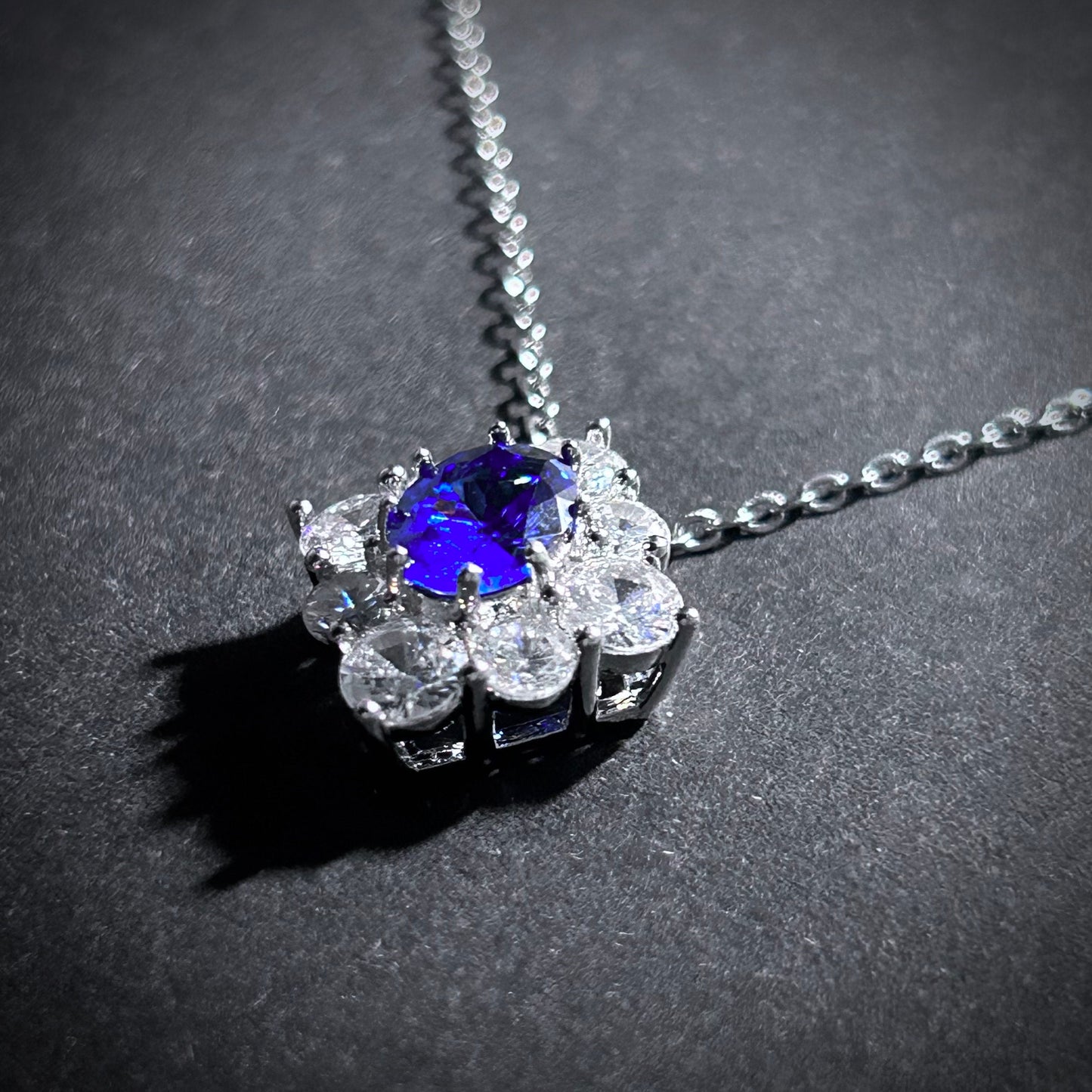 Sapphire & Clear Diamond Shaped Pendant Dainty Necklace