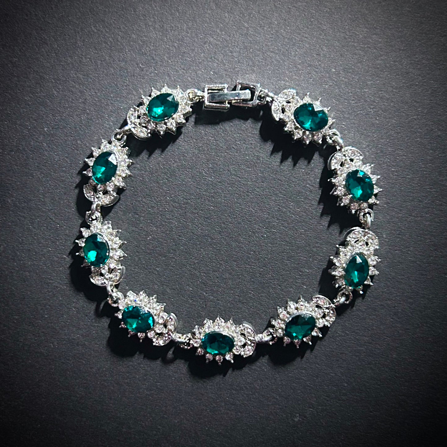 Emerald & Silver Flower Rhinestone Tennis Bracelet