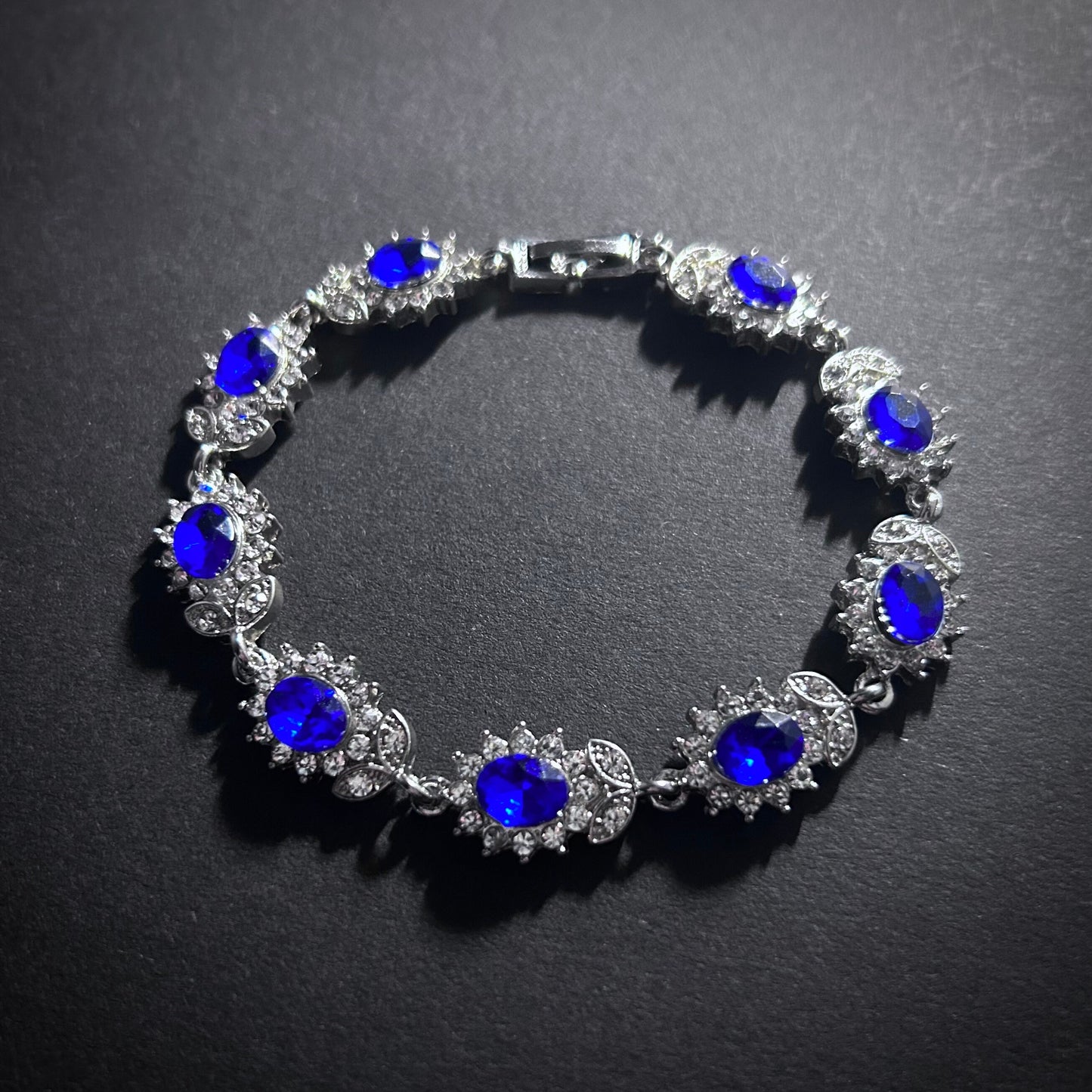 Sapphire & Silver Flower Rhinestone Tennis Bracelet