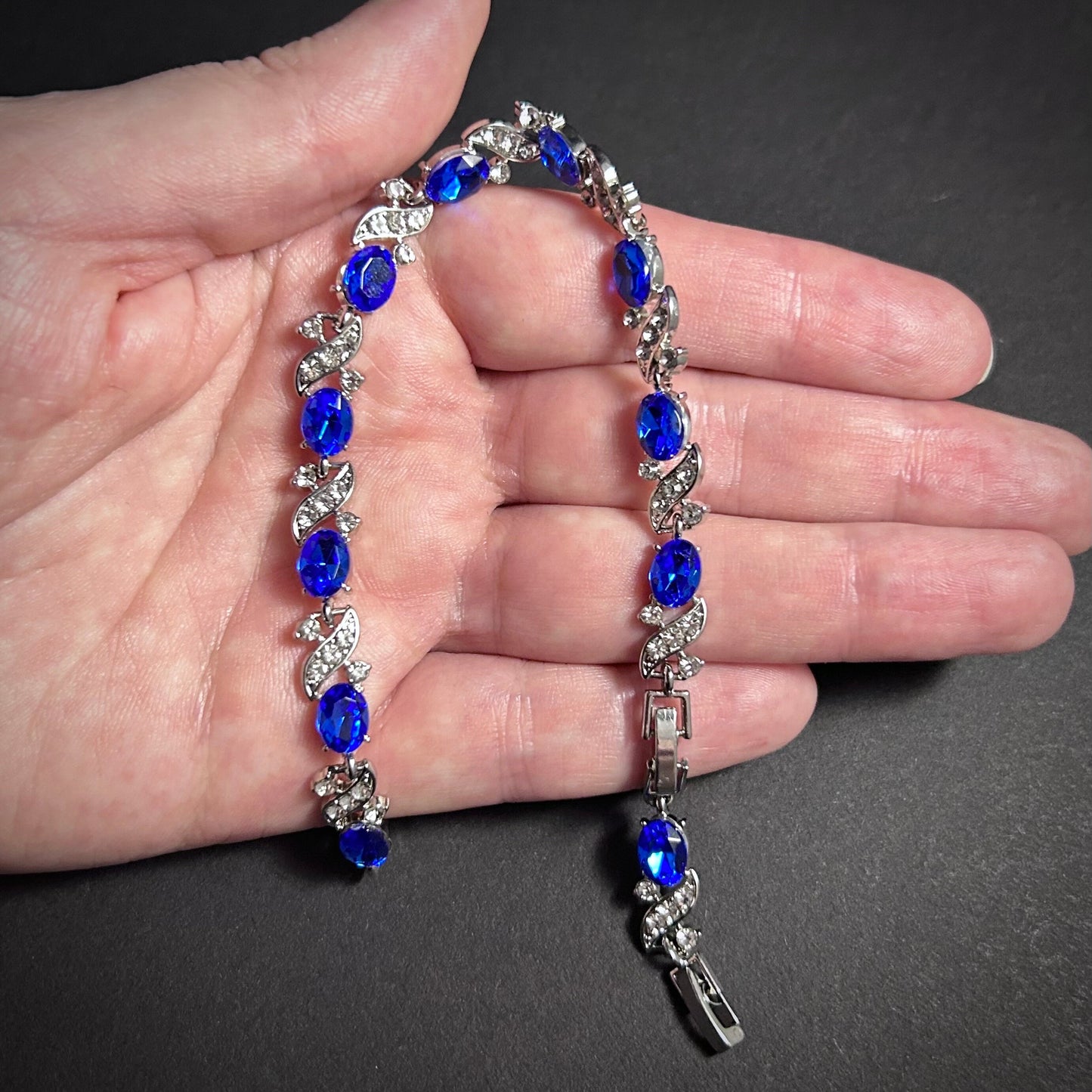 Sapphire & Silver Vine Rhinestone Dainty Tennis Bracelet