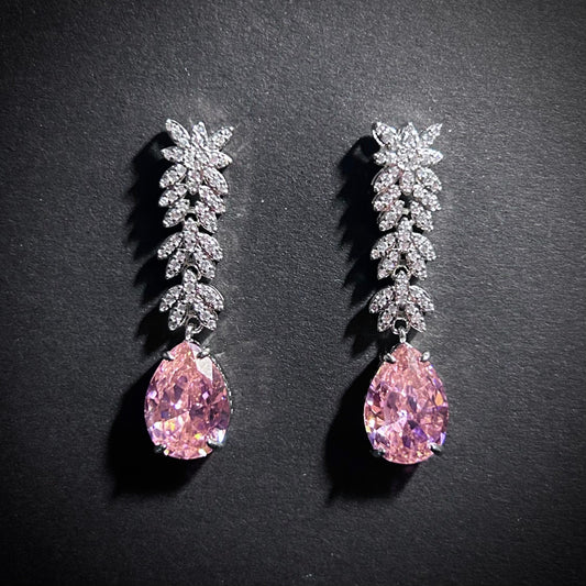 Morganite Pink Teardrop & Clear Leaves Earrings