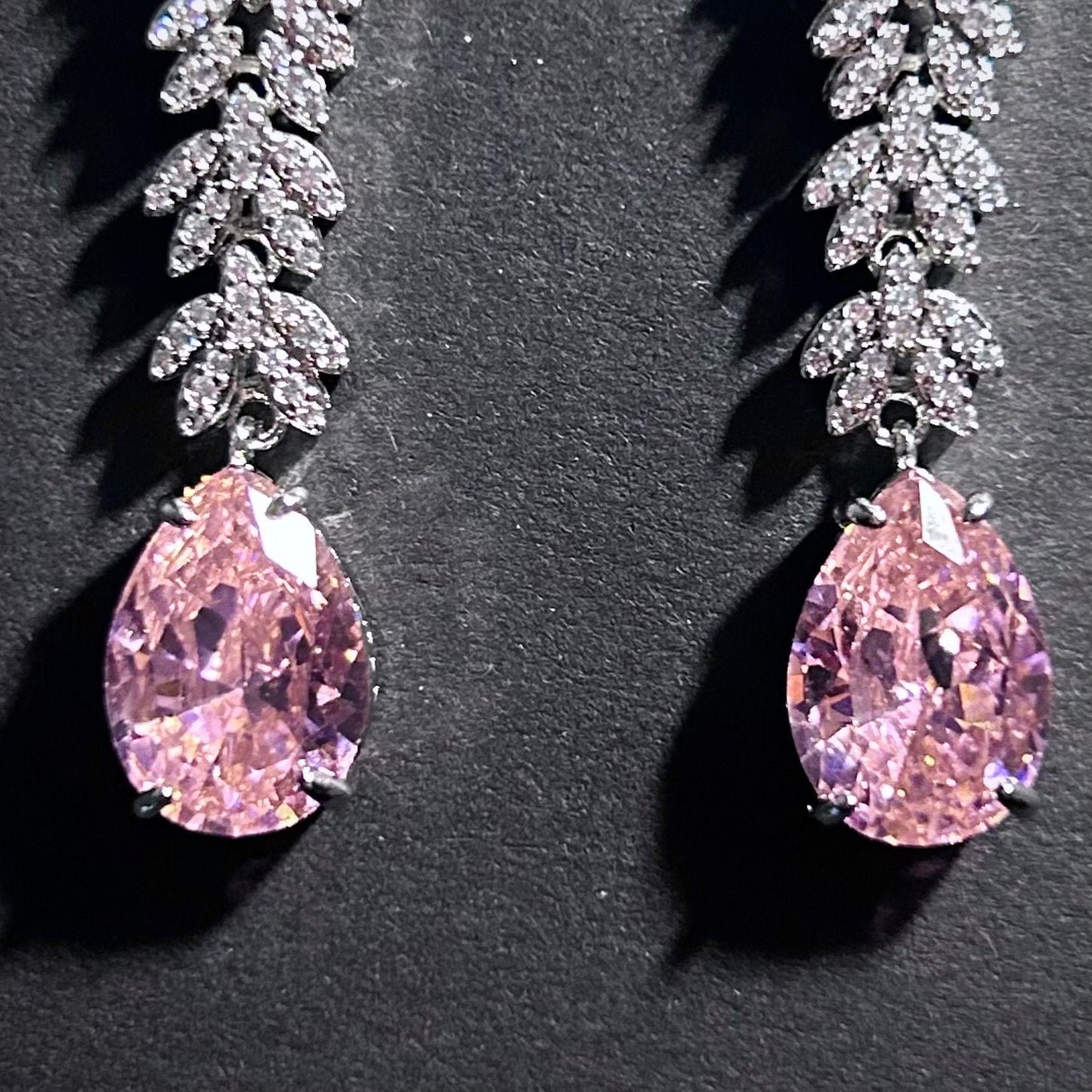 Morganite Pink Teardrop & Clear Leaves Earrings