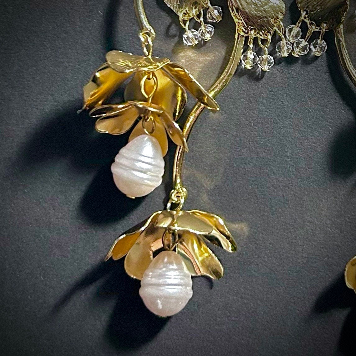 Flower, Pearl & Falling Petals Gold Drop Earrings