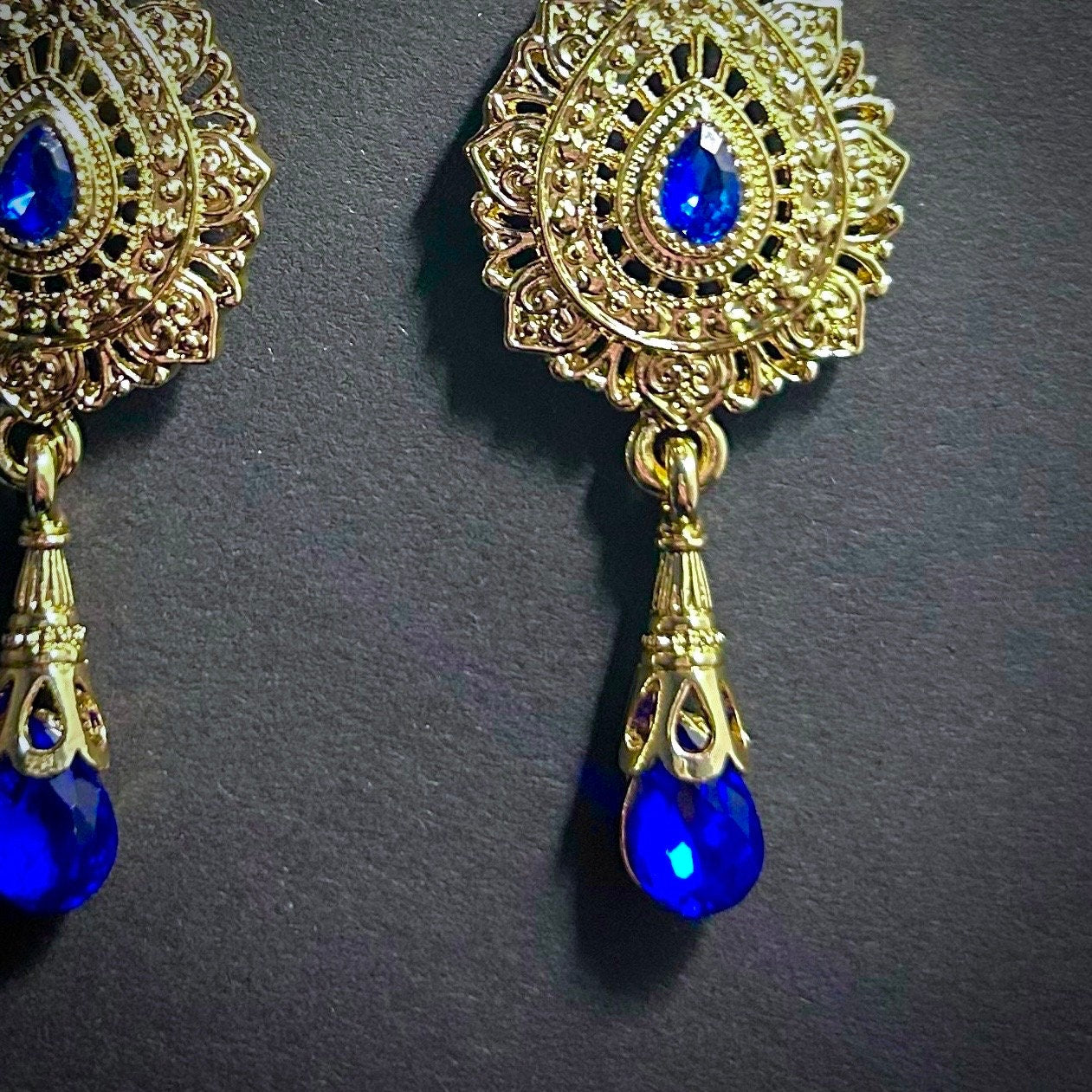 Gold & Sapphire Long Ornate Statement Earrings