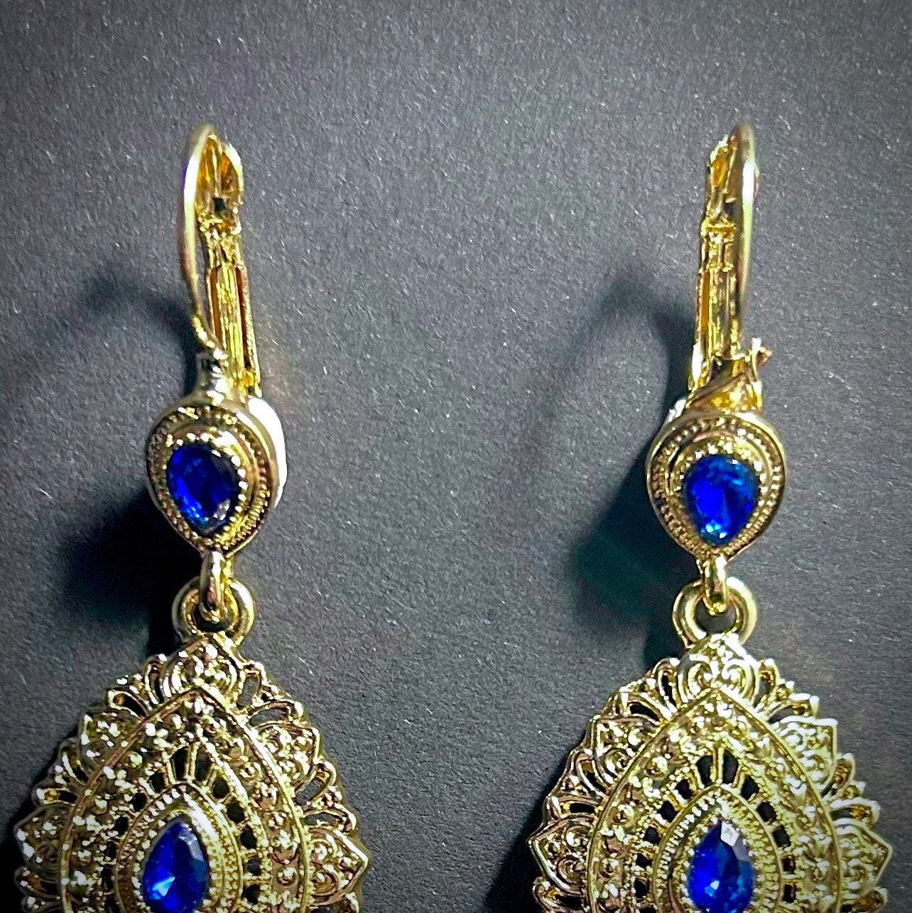 Gold & Sapphire Long Ornate Statement Earrings