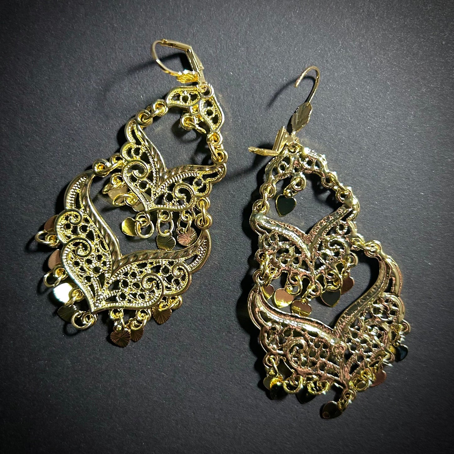 Gold Chandelier Gypsy Earrings with Heart Coins