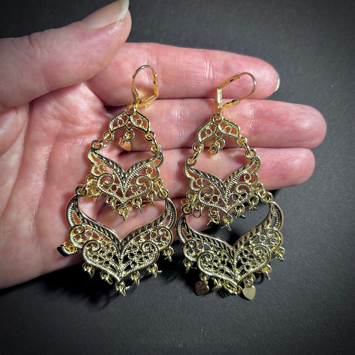 Gold Chandelier Gypsy Earrings with Heart Coins