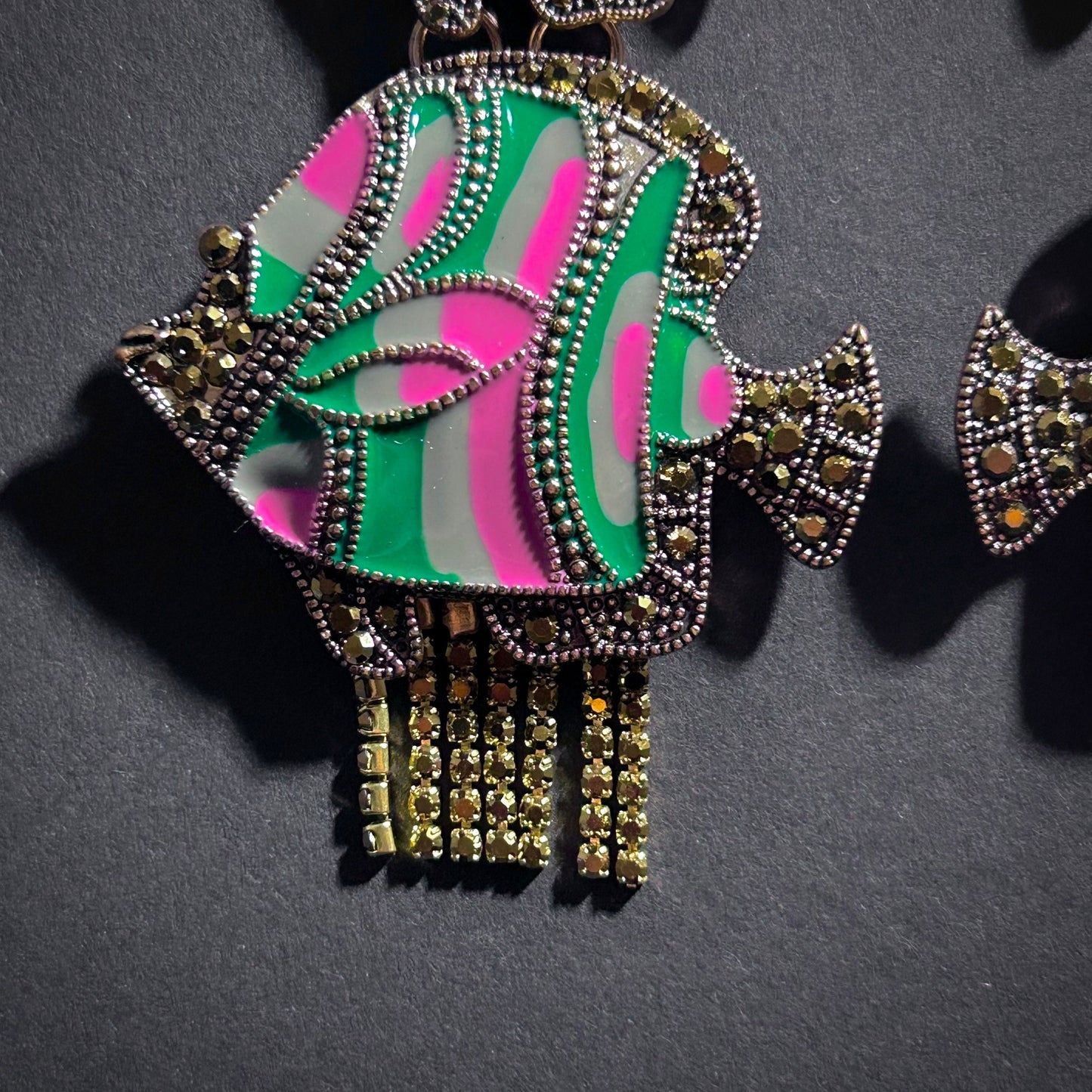 Fish Pink & Green Enamel with Golden Rhinestone Statement Earrings