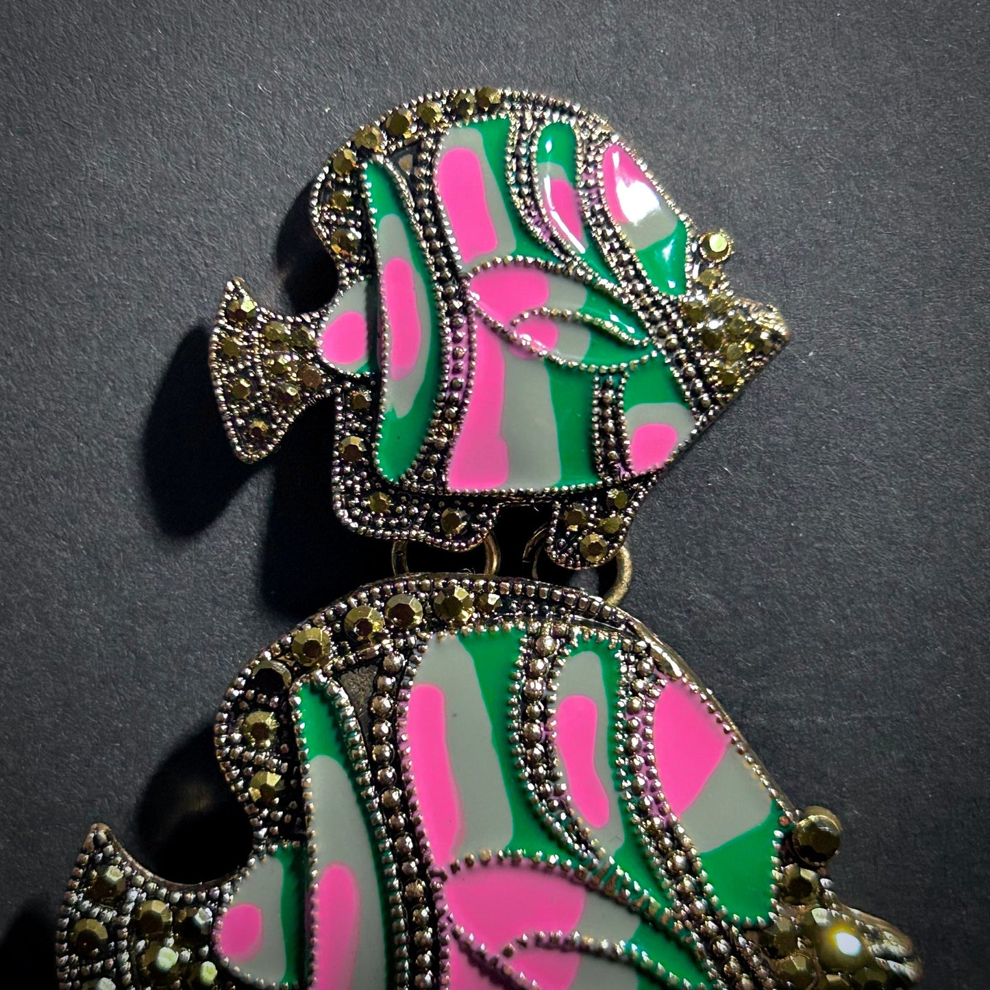 Fish Pink & Green Enamel with Golden Rhinestone Statement Earrings