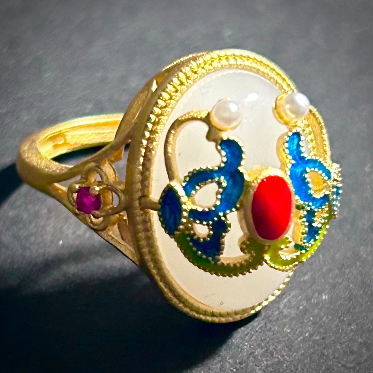 Art Nouveau Jade & Cloisonné Enamel Gold Resizable Ring