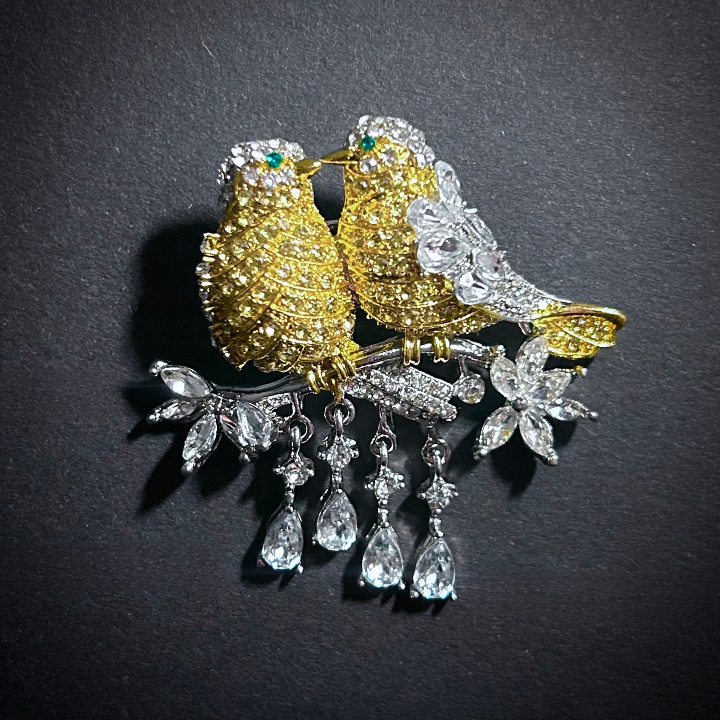 Lovebirds on Branch Sparkling Zircon Mixed Metal Brooch