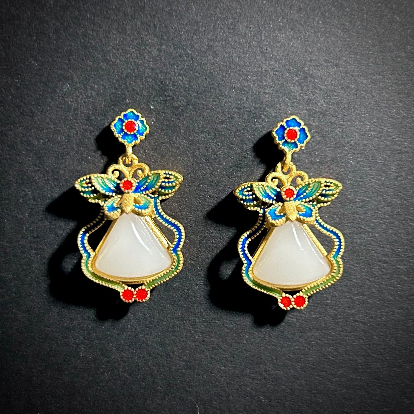 Jade & Cloisonné Enamel Butterfly Earrings