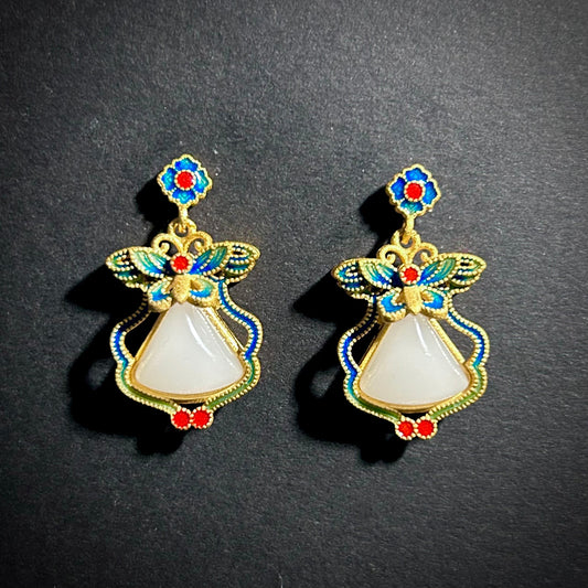 Jade & Cloisonné Enamel Butterfly Earrings