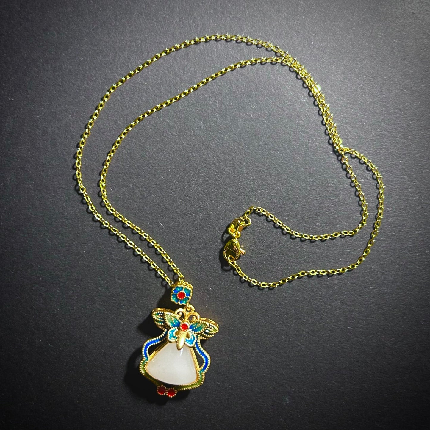 Art Nouveau Jade & Cloisonné Enamel Butterfly Necklace